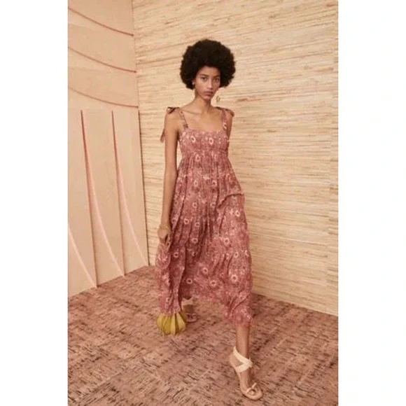 Ulla Johnson Cordelia Floral Tiered Midi Dress Smocked Tie Strap Rosebud Brown 4
